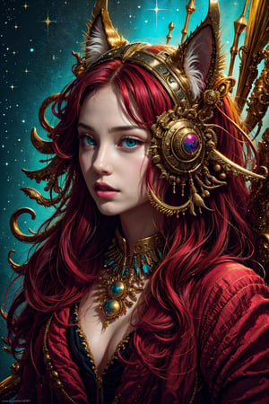 ultra high resolution, surreal, official art, divine nature, elegant and royal, red and yellow, girl, cat, predator, complex detailed, medium shot, Holiness, Chaos, charming, majestic, beautiful Psychedelia, Madness, Highly detailed, intricate, midjourney, xyzabcplanets, scenery, Color magic,Realism