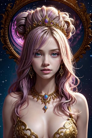 ultra high resolution, surreal, official art, divine nature, elegant and royal, violet, white, blond_hair, girl, tulip flowers, gold, jewelry, opal gem on the forehead, complex detailed, full body shot, Holiness, Chaos, charming, majestic, beautiful Psychedelia, Madness, Highly detailed, intricate, midjourney, xyzabcplanets, scenery, Color magic,Realism