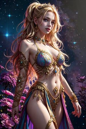 ultra high resolution, surreal, official art, divine nature, elegant and royal, violet, white, blond_hair, full body shot, girl, tulip flowers, gold, jewelry, opal gem on the forehead, complex detailed, Holiness, Chaos, charming, majestic, beautiful Psychedelia, Madness, Highly detailed, intricate, midjourney, xyzabcplanets, scenery, Color magic,Realism