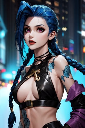 Holding_gun, (best quality, masterpiece, colorful, dynamic angle, highest detailed)(Jinx, Legue of Legends, Arcane), big_boobs, intense blue long hair, Jinx, Arcane, flirting, bokeh, (intricate details, hyperdetailed:1.15), full-body_portrait ,JinxLol,underboob tattoo,ase_sese