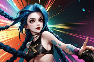 Holding_gun, (best quality, masterpiece, colorful, dynamic angle, highest detailed)(Jinx, Legue of Legends, Arcane), big_boobs, intense blue long hair, Jinx, Arcane, flirting, bokeh, (intricate details, hyperdetailed:1.15), full-body_portrait ,JinxLol,underboob tattoo,ase_sese