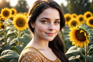 photorealistic,highly detailed, beautiful woman,healthy,round face, chubby,chubby cheeks ,29 years old, looking at you, dark black hair, hair tied,,pale skin, smooth skin, healthy body, blush, smiling, skin texture, brown eyes,Extremely Realistic, natural, narrow hips, beautiful eyes, detailed eyes,freckles,sunflower garden background,vintage , wearing traditional dress, full figure, cinematic light, dreamy scenery,,Masterpiece,  vintage color grading,front view, perfect face,  lipstick, 