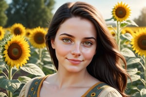 photorealistic,highly detailed, beautiful woman,healthy,round face, chubby,chubby cheeks ,29 years old, looking at you, dark black hair, hair tied,,pale skin, smooth skin, healthy body, blush, smiling, skin texture, brown eyes,Extremely Realistic, natural, narrow hips, beautiful eyes, detailed eyes,freckles,sunflower garden background,vintage , wearing traditional dress, full figure, cinematic light, dreamy scenery,,Masterpiece,  vintage color grading,front view, perfect face,  lipstick, 