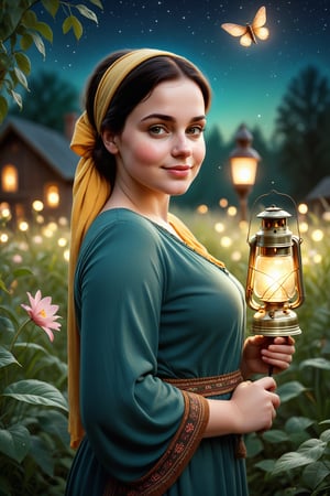 photorealistic,highly detailed, beautiful woman,healthy,round face, chubby,chubby cheeks ,29 years old, looking at you, dark black hair, hair tied,,pale skin, smooth skin, healthy body, blush, smiling, skin texture, brown eyes,Extremely Realistic, natural, narrow hips, beautiful eyes, detailed eyes,freckles,mystical flower garden background,vintage , wearing traditional dress, full figure, cinematic light, dreamy scenery,,Masterpiece,  vintage color grading,front view, perfect face,  lipstick, head scarf, holding antique lantern, night, fireflies, mystical aura, bright moon in the background