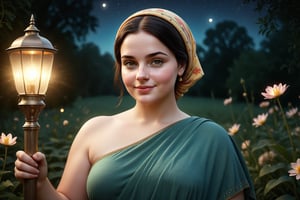 photorealistic,highly detailed, beautiful woman,healthy,round face, chubby,chubby cheeks ,29 years old, looking at you, dark black hair, hair tied,,pale skin, smooth skin, healthy body, blush, smiling, skin texture, brown eyes,Extremely Realistic, natural, narrow hips, beautiful eyes, detailed eyes,freckles,mystical flower garden background,vintage , wearing traditional dress, full figure, cinematic light, dreamy scenery,,Masterpiece,  vintage color grading,front view, perfect face,  lipstick, head scarf, holding antique lamp by hand, night, fireflies, mystical aura, bright moon in the background