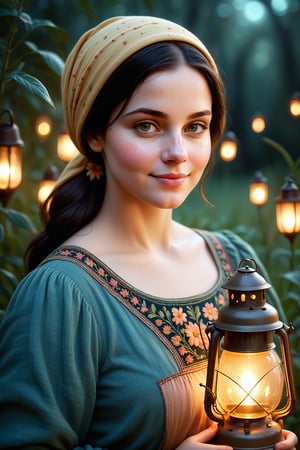 photorealistic,highly detailed, beautiful woman,healthy,round face, chubby,chubby cheeks ,29 years old, looking at you, dark black hair, hair tied,,pale skin, smooth skin, healthy body, blush, smiling, skin texture, brown eyes,Extremely Realistic, natural, narrow hips, beautiful eyes, detailed eyes,freckles,mystical flower garden background,vintage , wearing traditional dress, full figure, cinematic light, dreamy scenery,,Masterpiece,  vintage color grading,front view, perfect face,  lipstick, head scarf, holding antique lantern, night, fireflies, mystical aura, bright moon in the background