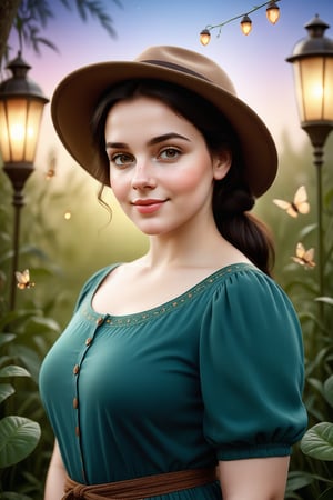 photorealistic,highly detailed, beautiful woman,healthy,round face, chubby,chubby cheeks ,29 years old, looking at you, dark black hair, hair tied,,pale skin, smooth skin, healthy body, blush, smiling, skin texture, brown eyes,Extremely Realistic, natural, narrow hips, beautiful eyes, detailed eyes,freckles,mystical flower garden background,vintage , wearing traditional dress, full figure, cinematic light, dreamy scenery,,Masterpiece,  vintage color grading,front view, perfect face,  lipstick, wearing hat, holding antique lantern, night, fireflies, mystical aura, bright moon in the background