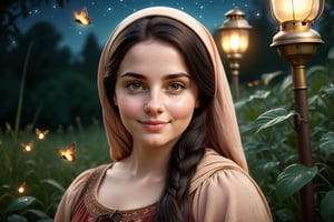 photorealistic,highly detailed, beautiful woman,healthy,round face, chubby,chubby cheeks ,29 years old, looking at you, dark black hair, hair tied,,pale skin, smooth skin, healthy body, blush, smiling, skin texture, brown eyes,Extremely Realistic, natural, narrow hips, beautiful eyes, detailed eyes,freckles,mystical flower garden background,vintage , wearing traditional dress, full figure, cinematic light, dreamy scenery,,Masterpiece,  vintage color grading,front view, perfect face,  lipstick, head scarf, holding antique lantern with hand, night, fireflies, mystical aura, bright moon in the background