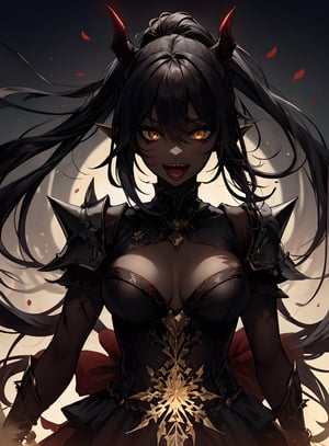 (best quality, masterpiece, epic composition, intricate details, glowing, picture perfect, skin texture, stunning) 
wallpapers, symmetrical, 1girl, portrait, devil, ponytail, gradient eyes, red horns, long hair, cleavage, pointy ears, solo, scars, black hair, open mouth, looking at viewer, upper body, smile, large breasts, teeth, fangs, armor, red skin, bangs, :d, high ponytail, sidelocks, demon girl, yellow eyes, spikes, dark skin, tongue, dark background, medium breasts, colored skin, goosebumps, shoulder armor, glowing, slit pupils, orange eyes, sharp teeth, dark-skinned female, dark, glowing eyes, skin texture ,black background,Detailedface,dark skin,Detailedeyes