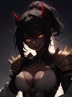 (best quality, masterpiece, epic composition, intricate details, glowing, picture perfect, skin texture, stunning) 
wallpapers, symmetrical, 1girl, portrait, devil, ponytail, gradient eyes, oblong face, red horns, long hair, cleavage, pointy ears, solo, scars, black hair, open mouth, looking at viewer, upper body, smile, large breasts, evil smile, fangs, armor, red skin, bangs, :d, high ponytail, sidelocks, demon girl, yellow eyes, spikes, dark skin, black background, large breasts, breasts out of clothes, nipples, nsfw, showing breasts, colored skin, goosebumps, shoulder armor, glowing, slit pupils, orange eyes, sharp teeth, dark-skinned female, dark, glowing eyes, skin texture ,black background,Detailedface,dark skin,Detailedeyes,perfecteyes,arcane style,dress,  o-ring,  hip vents, hip vents, o-ring,