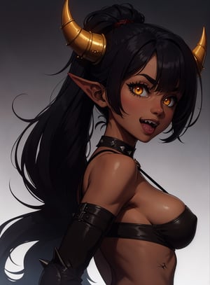 (best quality, masterpiece, epic composition, intricate details, glowing, picture perfect, skin texture, stunning) 
wallpapers, symmetrical, 1girl, portrait, devil, ponytail, gradient eyes, oblong face, red horns, long hair, cleavage, black bra, pointy ears, solo, scars, black hair, open mouth, looking at viewer, upper body, smile, back, from behind, ass, evil smile, fangs, armor, red skin, bangs, :d, high ponytail, sidelocks, demon girl, yellow eyes, spikes, dark skin, black background, black background, naked ass, bottomless, nsfw, colored skin, goosebumps, shoulder armor, glowing, slit pupils, orange eyes, sharp teeth, dark-skinned female, dark, glowing eyes, skin texture ,black background,Detailedface,dark skin,Detailedeyes,perfecteyes,arcane style,dress,  o-ring,  hip vents, hip vents, o-ring,