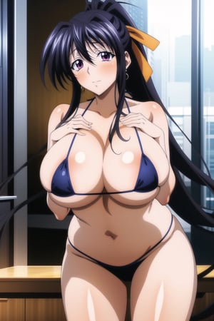 fine anime screencap, (gigantic_breasts:1), bikini, micro_bikini, anime screencap, earrings, cowboy_shot,Akeno
