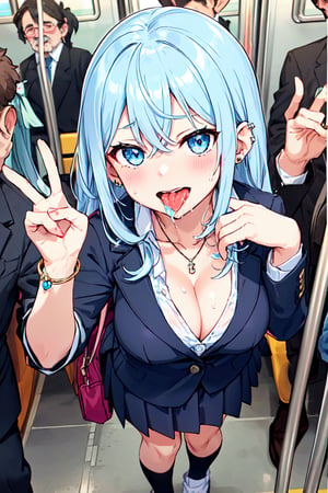 (Viewer on hand:1.8), face shot,  7girls in,  sex,  masutepiece, top-quality, hight resolution,  a hyperrealistic schoolgirls,  (Angle from above:1.8),  8K headshots,  lo fashion,  (Inside a packed Tokyo Subway car:1.8),  ((Middle aged man in suit:1.8)),  Student Bag,  ((Sensational very depressed face with happy mouth wide open with mouth wide round and desperately enduring sexual pleasure:1.8)),  ((Very detailed and accurate depiction of the inside of the girl's mouth:1.8)),  ((Close up of a girl's mouth:1.8)),  (((School uniform on how to dress kogal:1.8))),  ((open chest shirt blouse:1.8)),  (((Plaid low-rise micro mini pleated skirt;1.8))),  ((Long Hair:1.8)),  (Loose tie), accessorized,  a necklace, piercings、Bracelets、(Loose socks arafekogal:1.3),  Slender Perfect Proportions:1.8,  Very beautiful legs, ,  (round breasts that bounce up and point upwards),  Beautiful cleavage,  Beautiful collarbone,  ((Underwear:2, )),  Very sensational appearance,  (Young genital area covered in love juice),   ((Shaved)), grabbing on breasts,  hentai breast grab(sex position),  tongue out, MARIN KITAGAWA, OPEN MOUTH,  BLACK NECKTIE,  LONG SLEEVES,  PLEATED SKIRT,  SCHOOL UNIFORM,  SHIRT,  SKIRT,  SLEEVES ROLLED UP,  WHITE SHIRT,  CLEAVAGE, blue eyes, high_school_girl,sweat,Drool,blond_hair, covered in sperm, Sperm on the face, Sperm on clothes, Sperm on tits, Sperm in the hair, crowded train, 7girls are lined up, Gathered 7girls, jammed, tightly, clean hands, Facial ejaculation on a girl,