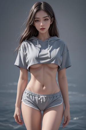 1girl, loose t-shirt, dolphin shorts, Slender body, falling flat, no pantie, cunt,z1l4,light_gray_shorts,cropped hoodie underboob