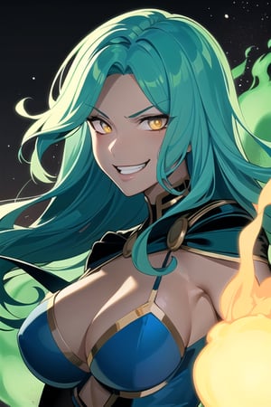 fire_lit_DC, 1girl, red glow, upper body, long hair, smug, holding blue fireball, magic, evil smile, sadistic smile, gesugao, looking at viewer