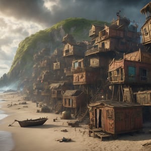 multi-level pirate shanty town on a beach, Epic cinematic brilliant stunning intricate meticulously detailed dramatic atmospheric maximalist digital matte painting