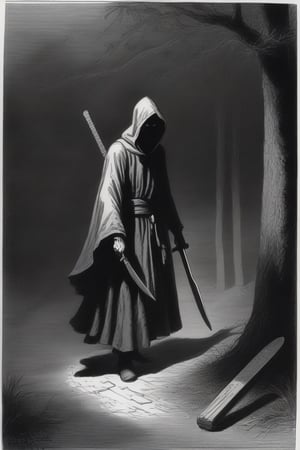 hooded figure with a machete lurking in the shadows, horror, Gustave Doré, Greg Rutkowski