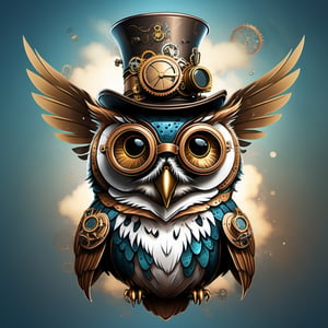 Steampunk owl wearing a top hat and goggles with mechanical wings