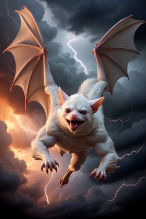 In a majestic, HD, 8K composition, a clse up mid shot, a stunning albino bat assumes a dramatic pose. Framed against fiery clouds, lightening, and a turbulent sky,the creature's gaze meets the viewer's, its eyes gleaming with intensity. Wings outstretched, it appears to scan the horizon for wind currents. The illustration exudes a sense of heroic fantasy, reminiscent of Dungeons and Dragons, as if this majestic bat is about to embark on an epic adventure, wispy storm clouds, lightening, foggy turbulent sky,action shot