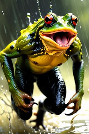 An extreme macroscopic close up of a huge leaping frog, wet slippery body, frog green , yellow, black, colours, warts, bumps and lumps, sporadic hairs, Bitey, stinging pointing things, sucking probes, tongue stretched and rolling out to catch a fly, digital artwork by Beksinski,potma style,action shot