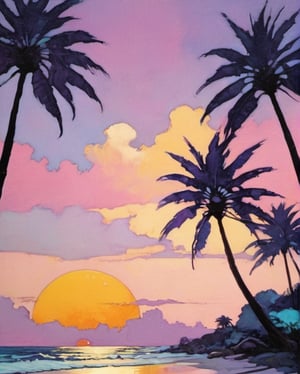 art nouveau style, an oil painting, a masterpiece, miami vice style palm trees, Sun setting behind them, art by TavitaNiko, art by mel odom, art by Klimt , art by brom, art by Warhol, art by frazetta, poster style, lilac, pink, mint, yellow m-white,