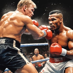 Mike Tyson , in a boxing ring at madison square gardens, close up portrait shot of two fighters punching each other, full force, full impast, sweat, perspiration flying in the air,  knocking Jake Paul to the canvas with an uppercut punch, stipple, crosshatching, 5 colour monochromatic art, borders, (((art poster by gian galang))), (((art style by gian galang))), (((design by gian galang))) , neck tattoos by andy warhol, heavily muscled, biceps, fight poster style, asian art, chequer board, mma, octogon, bright contrasting colours, stipple, black n white, ,action shot