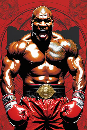 Mike Tyson , fighting evaded Holyfield, art poster by gian galang, (((art style by gian galang))), design by gian galang , neck tattoos by andy warhol, heavily muscled, biceps,glam gore, horror, demonic, hell visions, demonic women, fight poster style, asian art, chequer board, mma, octogon, 