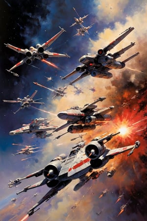 art by john berkey, a masterpiece, stunning detail, a rebellion X-Wing flying through the galaxy, firing red laser missiles, being chased by the empires tie-fighters, 