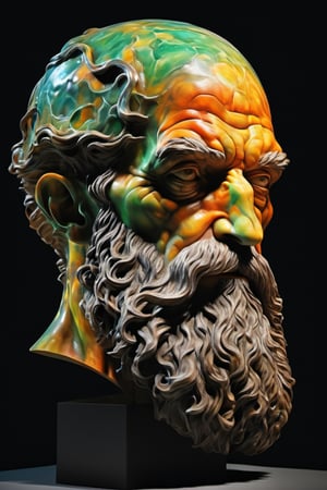 a bust sculpture by Michelangelo, a man, full beard, a cube shaped head, stunning beauty, hyper-realistic oil painting, vibrant colors, dark chiarascuro lighting, a telephoto shot, 1000mm lens, f2,8,Vogue,more detail XL
