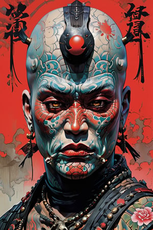 samurai, wearing full battle armour, Horror Comics style, art by brom, tattoo by ed hardy, shaved hair, neck tattoos andy warhol, heavily muscled, biceps,glam gore, horror, demonic, hell visions, demonic women, military poster style, asian art, chequer board,japanese flag, wearing a gee, 