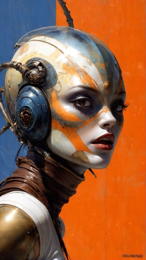 art by Masamune Shirow, art by J.C. Leyendecker, art by simon bisley, art by ralph steadman, a masterpiece, stunning beauty, hyper-realistic oil painting, star wars alien creatures, a portrait picture, incredible detail, fantasy portrait, alien skin, breathing apparatus, fish like skin, eel like noses, orange graffiti background, 