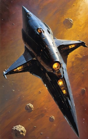 spaceship travelling past a planet, in space, art by john Berkey, art by chris foss, art by frank frazetta, 