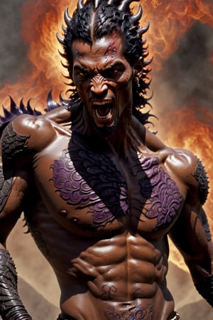 An sexy black african mans arm and shoulder, telephoto lens shot, man is bellowing , raging and staring at the viewer, the arm and shoulder is covered in a detailed intricate dark purple and crimson dragon tattoo on his chest and back that is protruding out, out in to reality, its screaming, scratching, smoking, similar to dragon tattoo by Boris Vallejo, frank frazetta style, slowly you see the small dragon tattoo in parts is coming out of the skin and becoming a real version of the tattoo, sticking out, scales, extended claws, 16K, cinematic movie still, like the movie the 300, omatsuri,3un,flmngprsn