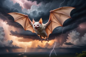 In a majestic, HD, 8K composition, a clse up mid shot, a stunning albino bat assumes a dramatic pose. Framed against fiery storm clouds, lightening, and a turbulent sky,the creature's gaze meets the viewer's, its eyes gleaming with intensity. Wings outstretched, it appears to scan the horizon for wind currents. The illustration exudes a sense of heroic fantasy, reminiscent of Dungeons and Dragons, as if this majestic bat is about to embark on an epic adventure, storm clouds, lightening, turbulent sky,