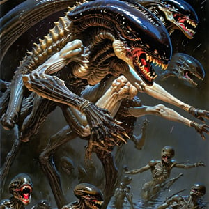 art by Masamune Shirow, art by J.C. Leyendecker, a masterpiece, stunning beauty, hyper-realistic oil painting, vibrant colors, a xenomorph, dark chiarascuro lighting, dripping blood and sweat, messed up, battling human troopers, a telephoto shot, 1000mm lens, f2,8, ,horror,dark theme,Vogue