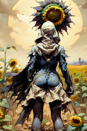 solo focus, hd, 8k, vintage illustration, A vintage-inspired scarecrow standing proudly in a sunflower field, with a worn-out hat and a rusty pitchfork. , masterpiece, award winning illustration by Frank Frazetta of a back view female sexy, bending over, armored hooded DarkFantasy, dark atmosphere, advntr,fr4z3tt4 