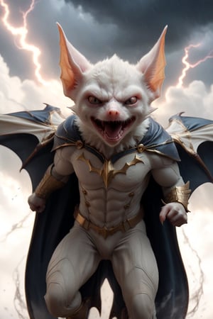 In a majestic, HD, 8K composition, a clse up mid shot, a stunning albino bat assumes a dramatic pose. Framed against fiery clouds, lightening, and a turbulent sky,the creature's gaze meets the viewer's, its eyes gleaming with intensity. Wings outstretched, it appears to scan the horizon for wind currents. The illustration exudes a sense of heroic fantasy, reminiscent of Dungeons and Dragons, as if this majestic bat is about to embark on an epic adventure, wispy storm clouds, lightening, foggy turbulent sky,action shot