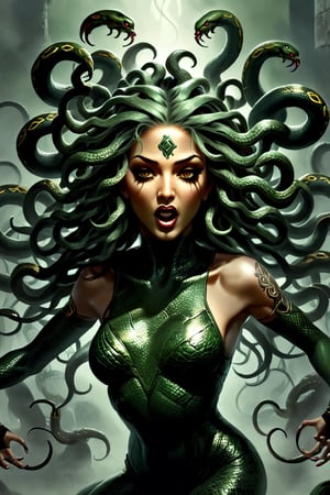 Produce a striking and realistic digital portrayal of the iconic Medusa from Greek mythology, featuring her hair consisting of numerous individual snake heads at the end of each strand. Craft an image that truly encapsulates the essence of this mythical character, paying special attention to the intricate details of her serpentine locks. Create a scene that vividly portrays Medusa's terrifying allure, emphasizing her venomous and otherworldly hair. Utilize your artistic abilities to make Medusa and her hair, each ending with a menacing snake head, come to life on the canvas, evoking both awe and fear while staying true to the original myth