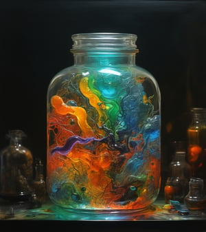 art by yashitomo nara, stunning beauty, hyper-realistic oil painting, a magic potion, stored in a square thick glass jar, vibrant colors, dark chiarascuro lighting, a telephoto shot, 1000mm lens, f2,8,,Vogue,more detail XL