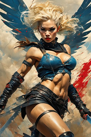 heaven poster, a warrior women, hair is wind blown, huge wings on her back, dramatic blue sky and angry lightening clouds behind her, long battle sword in her right hand, blood dripping from the sword, manga style, an oil painting, a masterpiece, art by TavitaNiko, art by Vallejo, art by Klimt , art by brom, tattoo by ed hardy, shaved hair, neck tattoos andy warhol, heavily muscled, biceps,glam gore, horror, demonic, hell visions, demonic women, military poster style, asian art, chequer board,