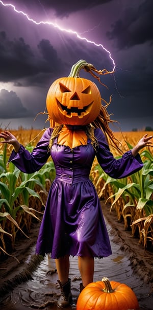 Feet to head full body action shot, Pumpkin girl scarecrow, long stringy wet hair, angry pumpkin face, reaching out from the cornfield to terrify the viewer, hi res, photorealistic, 35 mm canon, slow shutter speed, dark dramatic purple sky, lightening ,Monster,HellAI,oni style,Devasted landscape ,EpicSky