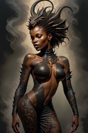 An sexy black african womans arm and shoulder, covered in a detailed intricate dragon tatoo on front and back,  cinematic pose, that is stretching out in to reality, its screaming, scratching, smoking, similar to dragon tattoo by Boris Vallejo, slowly you see the small dragon tattoo in parts is coming out of the skin and becoming a real version of the tattoo, sticking out, scales, extended claws, 16K, back arm and shoulder shot, ,DonMF43XL,IncrsXLRanni,HellAI