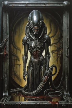 a oil painting portrait, art by steve bisley, art by hr giger, a masterpiece, stunning beauty, hyper-realistic oil painting, a xenomorph, low lighting, intense shadows, dripping blood and sweat, messed up, battling human troopers, a telephoto shot, 1000mm lens, f2,8, ,Matrix code