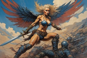 heaven poster, a warrior women, hair is wind blown, huge wings on her back, dramatic blue sky and angry lightening clouds behind her, long battle sword in her right hand, blood dripping from the sword, manga style, an oil painting, a masterpiece, art by TavitaNiko, art by Vallejo, art by Klimt , art by brom, tattoo by ed hardy, shaved hair, neck tattoos andy warhol, heavily muscled, biceps,glam gore, horror, demonic, hell visions, demonic women, military poster style, asian art, chequer board,