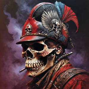 cinematic reality, film, chiarosaurio, depth of field, shadows, reflection, sparks, mists, skull with red military cap, sharp focus, detailed features, blood, tribal tattoos on the skull cheeks and jaw, 