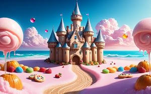 (Masterpiece,  best quality:1.3),  a castle, high up on a hill, flags, turrets, looking splendid, highly detailed,  fantasy,  ,  8k,  tilt shift,  sweetscape,  dynamic,  cinematic,  ultra-detailed,  stunning portrait candy village,  sweets,  fantasy,  gorgeous,  digital illustration,  beautiful composition,  intricate details,  highly detailed,  volumetric,  tropical beach,  seaside,  fruit,  cotton candy,  sky,  grass,  cloud,  cookie,  sugar,  dramatic lighting,  beautiful,  drip,  sparkle,  rounded corners,  food,  cute,  glitter,  bubble,  see-through,  transparent,  scenery,  (no humans),  shimmer,  drizzle,  beautiful,  (shiny:1.2),  various colors,  bloom:0.4,  extremely detailed,  gradients), more detail XL,,