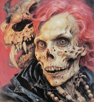 art by Masamune Shirow, art by J.C. Leyendecker, art by boris vallejo, a masterpiece, hyper-realistic oil painting, vibrant colors, Horror Comics style, art by brom, tattoo by ed hardy, a woman with half a skull face and half a human face, horror, dark chiarascuro lighting, a telephoto shot, 1000mm lens, f2,8 , , illustration,  ,perfecteyes,