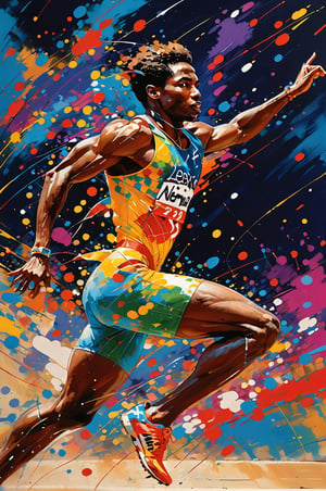 art by leRoy Neiman, colours by LeRoy Neiman,  abstract realism, a masterpiece, olympic track athlete, track and field sprint event ,wearing country of origin uniform, incredible detail, close up mid shot, an abstract oil painting, vibrant colours, abstract graffiti background, 