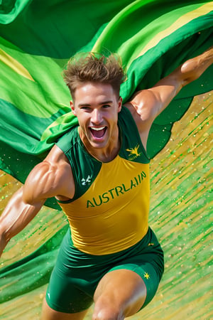 a close up body shot photograph of a happy australian male athlete, he is wearing an australian olympic highjump  uniform, he is has an olympic  gold medal around his neck, very large green and gold flag background, fluid motion, dynamic movement, cinematic lighting, palette knife, digital artwork by Beksinski,action shot,sweetscape, art by Klimt, airbrush art, ,photo r3al,ice and water,close up,Movie Poster