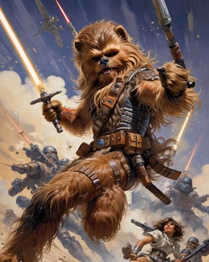 art by Masamune Shirow, art by J.C. Leyendecker, art by boris vallejo, art by gustav klimt, art by simon bisley, a masterpiece, stunning detail, an action shot, low angle, chewbacca, firing his bowcsater during battle, ,action shot